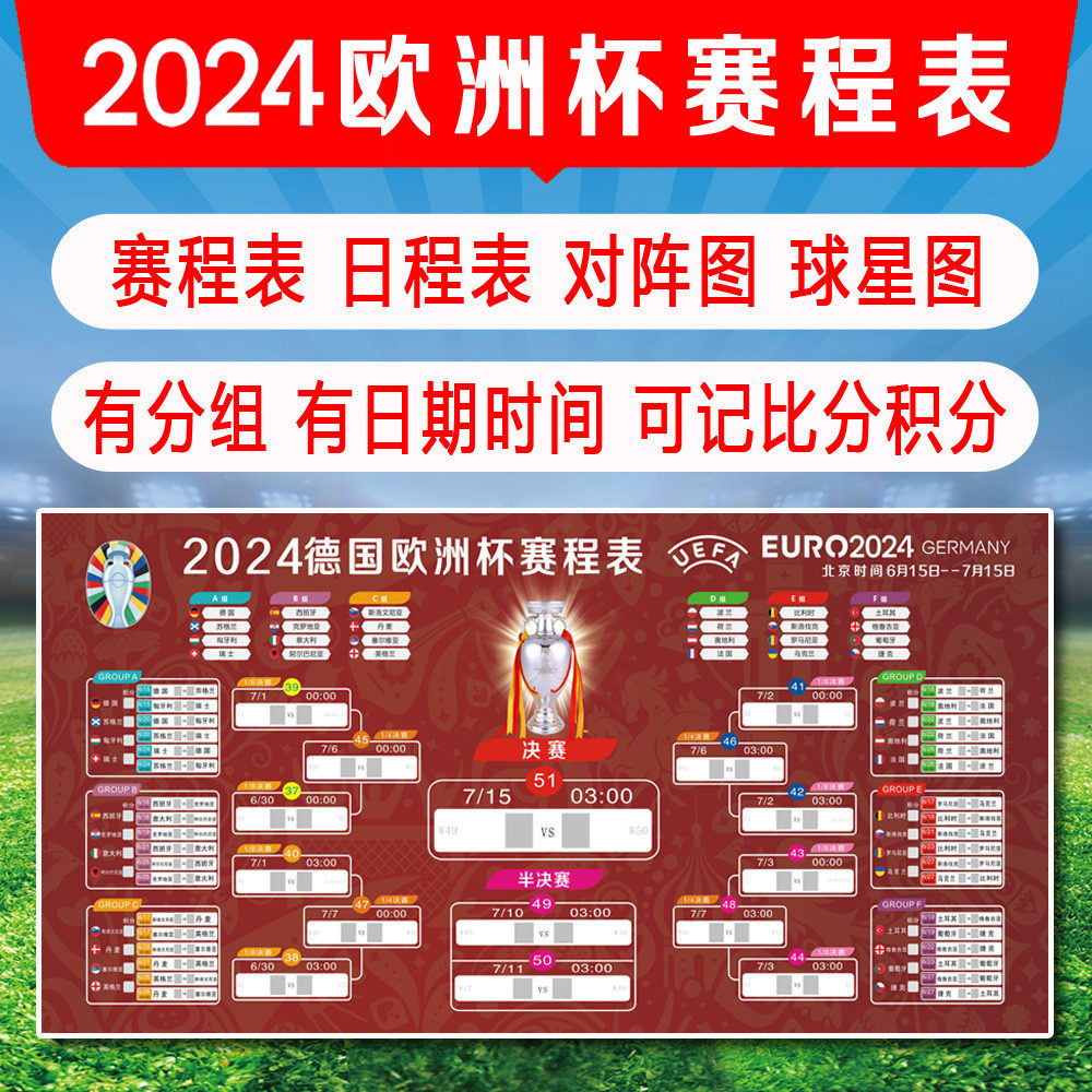 2024欧洲杯赛程表海报墙贴纸装饰对阵图足球彩票店布置宣传装饰画