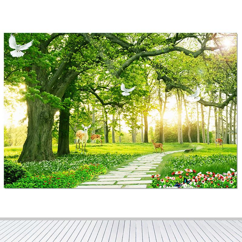 大树森林小路墙贴树林草地电视背景墙画卧室装饰画树木发财鹿壁画图片