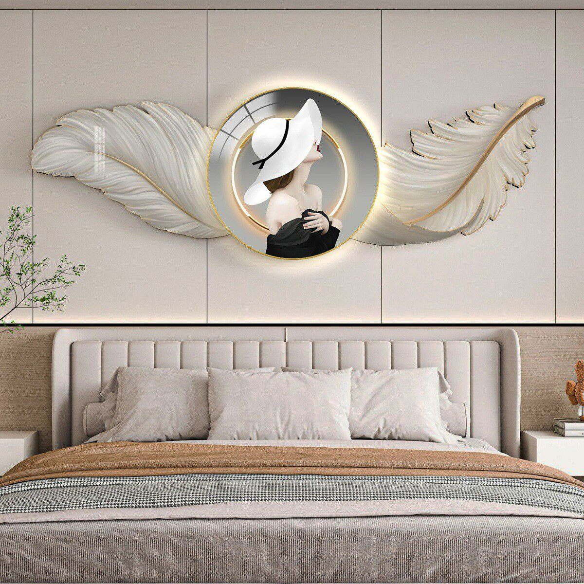 卧室床头挂画轻奢高级感羽毛装饰画主卧房间背景墙画现代简约壁画