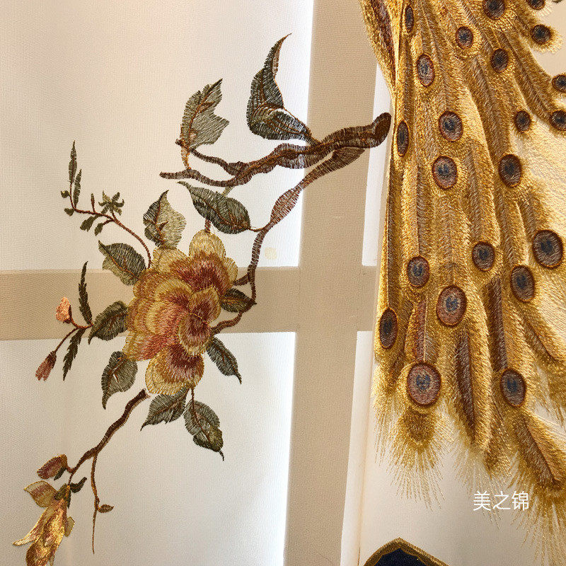 落地窗客厅窗帘窗纱孔雀绣花透光纱帘阳台餐厅书房新中式布料批发