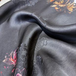 中式 面料黑色可裁剪 交织香云纱面料桑蚕丝印花旗袍连衣裙服装