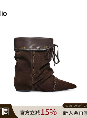 unfolio25新款游牧风尖头堆叠感短靴系带踝靴堆堆靴子女