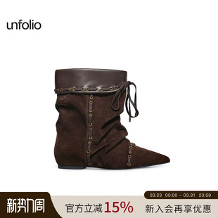 unfolio25新款 游牧风尖头堆叠感短靴系带踝靴堆堆靴子女