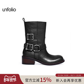 unfolio2025新款 金属搭扣踝靴厚底粗跟圆头短靴经典 靴子女