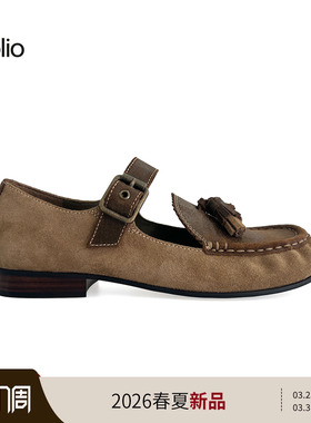 unfolio26SS新款女士流苏装饰复古厚底玛丽珍鞋粗跟增高单鞋子女