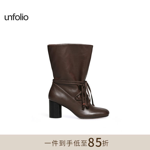 unfolio束带系带粗跟短靴