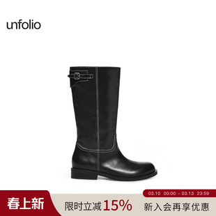 unfolio2025早秋新款扣带中筒靴圆头金属搭扣骑士靴经典靴子女