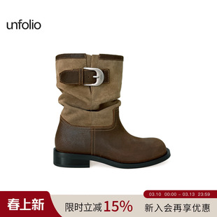 unfolio25新款复古做旧金属扣饰堆堆踝靴短筒厚底拼色靴子女