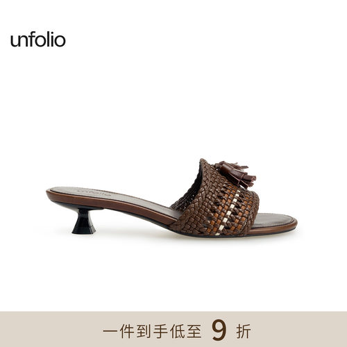 unfolio一字带编织流苏猫跟拖鞋
