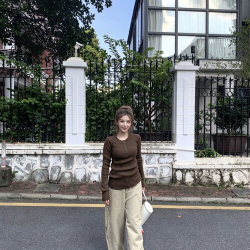咖色休闲风长袖显瘦高级感T恤女
