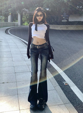 美式覆古低腰辣妹微喇叭牛仔裤女2025春季新款弹力修身显瘦马蹄裤