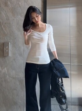 美式覆古u领中袖t恤女早秋辣妹修身气质小香风显瘦别致休闲上衣潮