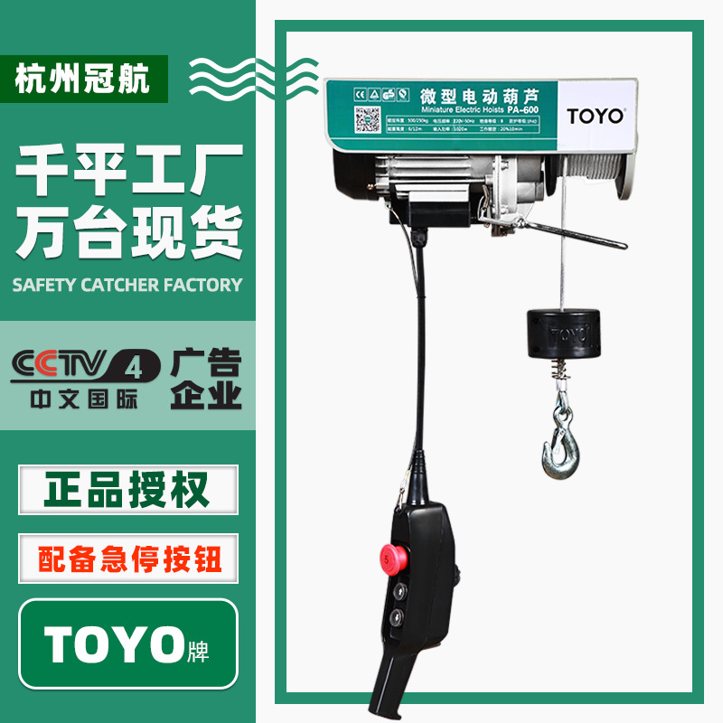 TOYO东洋220v电动葫芦 微型家用起重小吊机PA200钢丝绳卷扬提升机