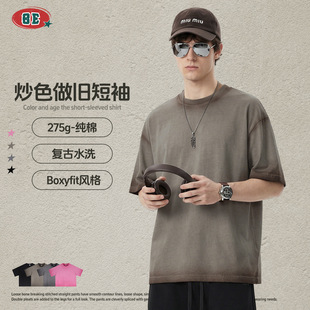 T短宽休闲上衣t恤男潮 复古炒色做旧Boxy宽松短袖 BE男装 春夏美式