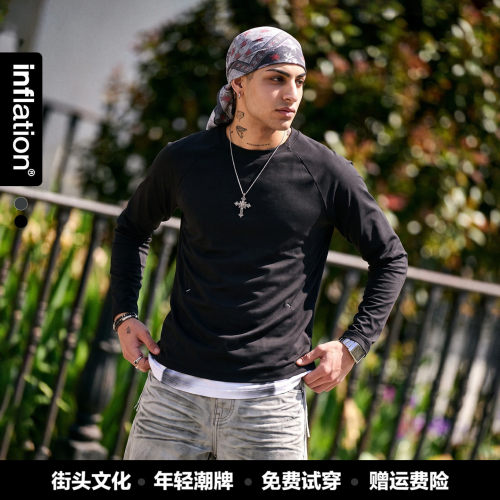 inflation男装|压胶圆领休闲长袖秋冬季立体剪裁插肩袖纯色T恤男