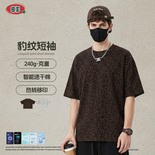 新款 t恤大码 夏季 复古BOXY豹纹圆领短袖 休闲宽松上衣男 美式 BE男装