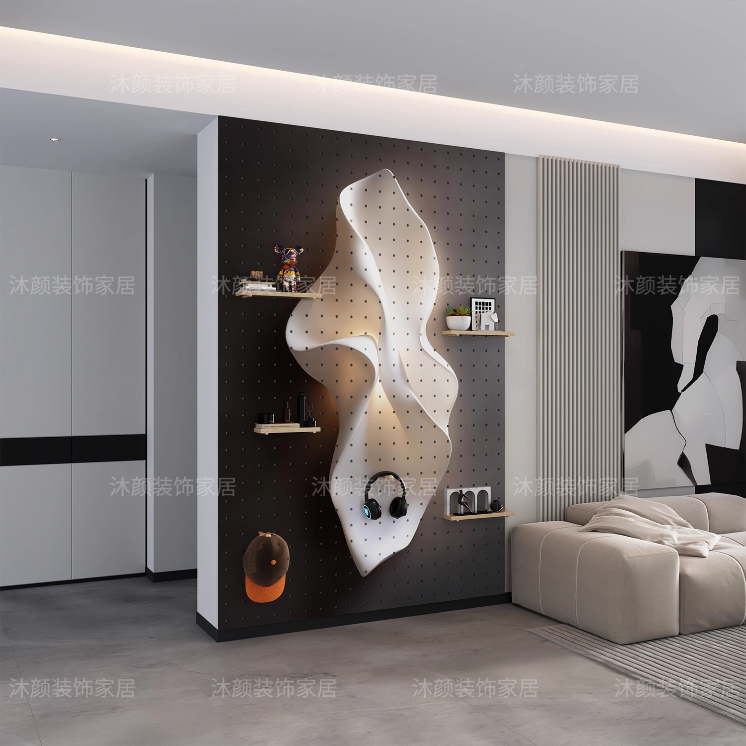 定制入户玄关中古风实木洞洞板置物架创意墙装饰收纳架遮挡造型墙