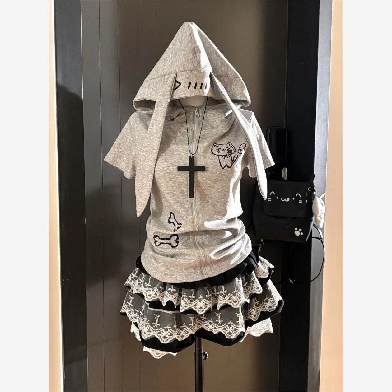 夏季可爱宅萌系亚萌修身日系兔耳连帽短袖拉链少女上衣短裙套装女