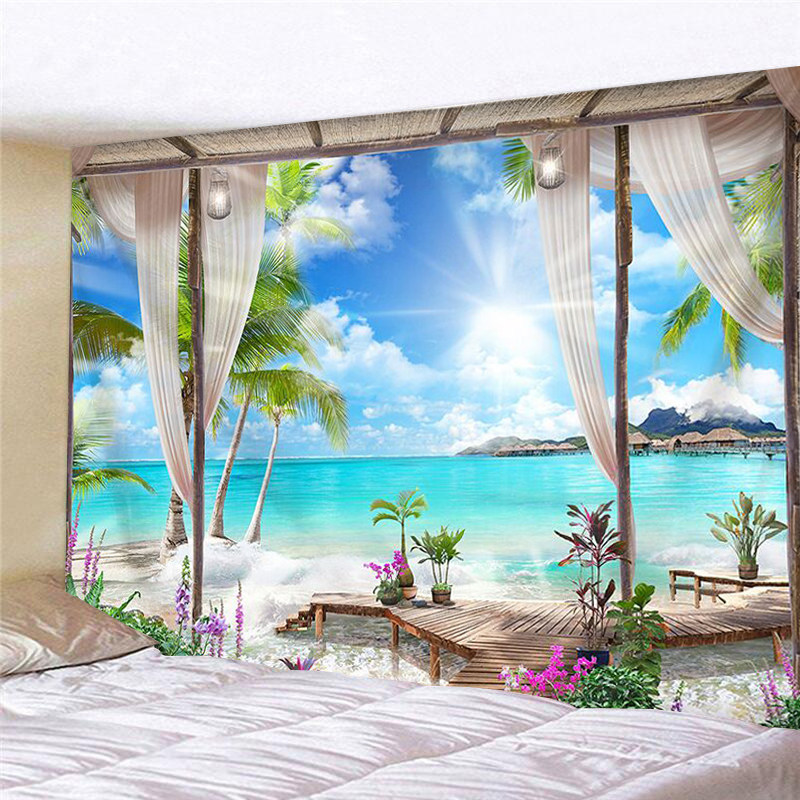 欧式度假风景窗j户超大背景布墙壁装饰挂毯床头卧室植物壁画挂布,居家布艺,挂毯/壁毯,淘宝优惠券,粉丝福利购,淘宝优惠卷