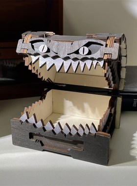 很凶狠的箱子小心q被咬!怪物宝箱收纳盒子创意木质工艺品摆饰