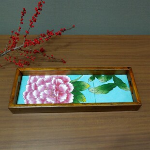 瓷板画镶嵌老榆木l托盘实木窄长条瘦桌面收纳装饰摆件果盘水杯茶