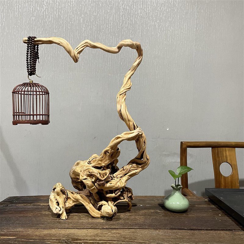 风化枯木摆件杜鹃根艺崖柏树根雕蝈蝈笼鸟笼挂架V客厅玄关装饰品