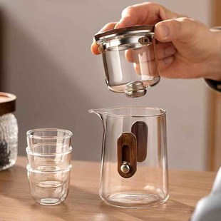 玻璃泡茶壶一键过滤茶水s分离快客杯户外露营一壶三杯便携旅行茶