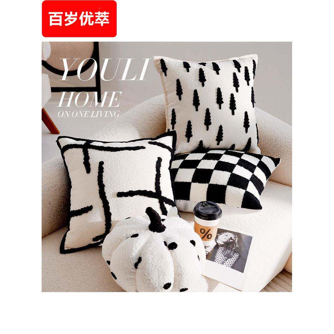 客厅沙发靠枕法式中古风抱枕黑白覆古刺绣靠垫轻奢流苏剪花装饰腰