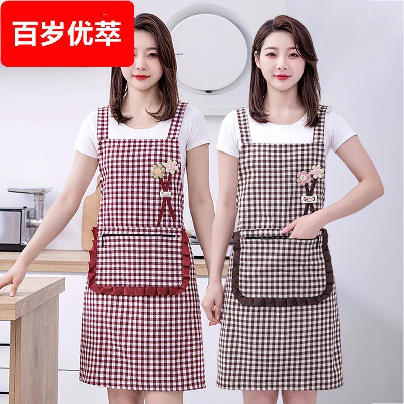 韩版女时尚加厚棉布透气围裙家用厨房做饭工作服无袖格子背带围腰
