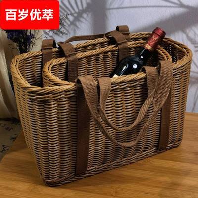 仿藤手提篮子藤编篮子编织花篮藤筐田园鲜花布提提篮买菜篮子藤筐