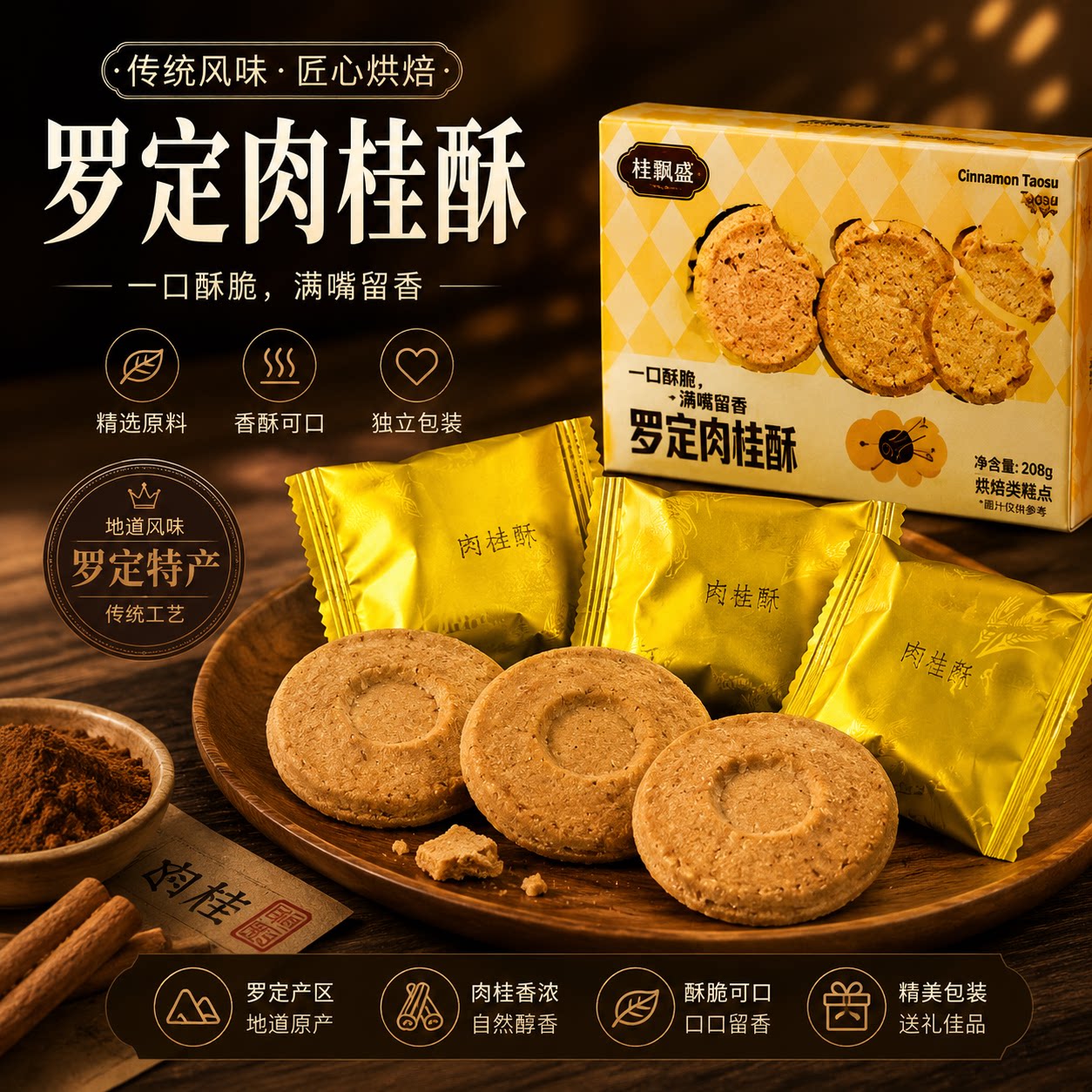 桂飘盛罗定肉桂酥饼零食饼干独立包装罗定风味特产208g/盒15个