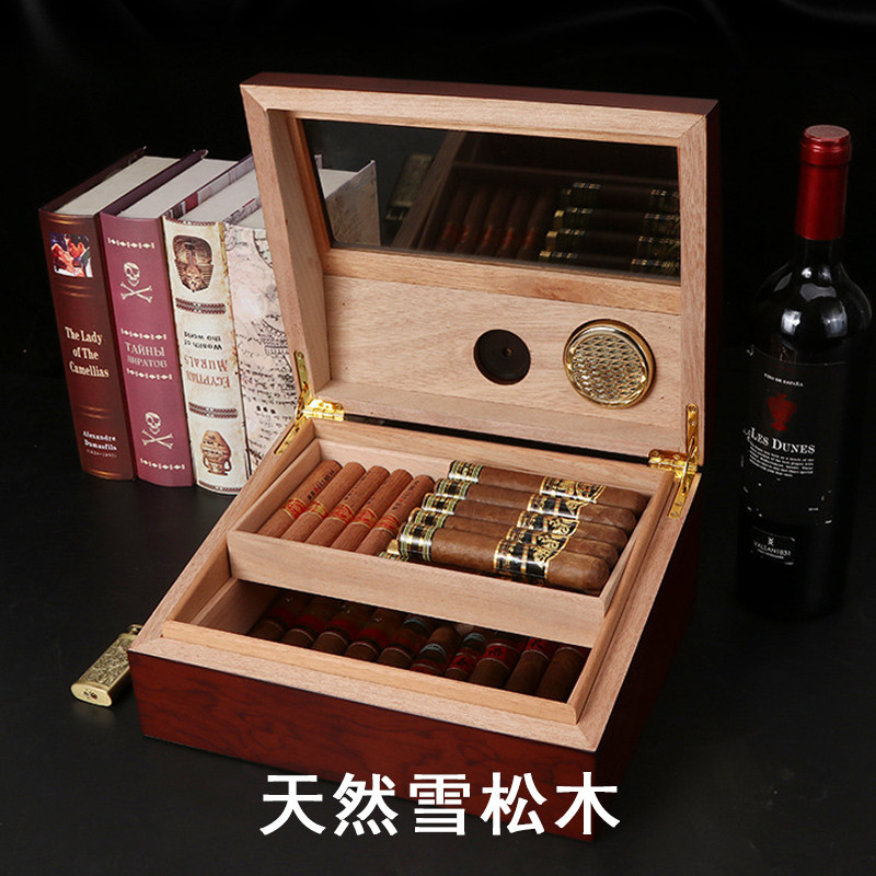 新品大容量玻璃天窗带湿度计双层雪松木雪茄保湿盒恒温雪茄伴侣