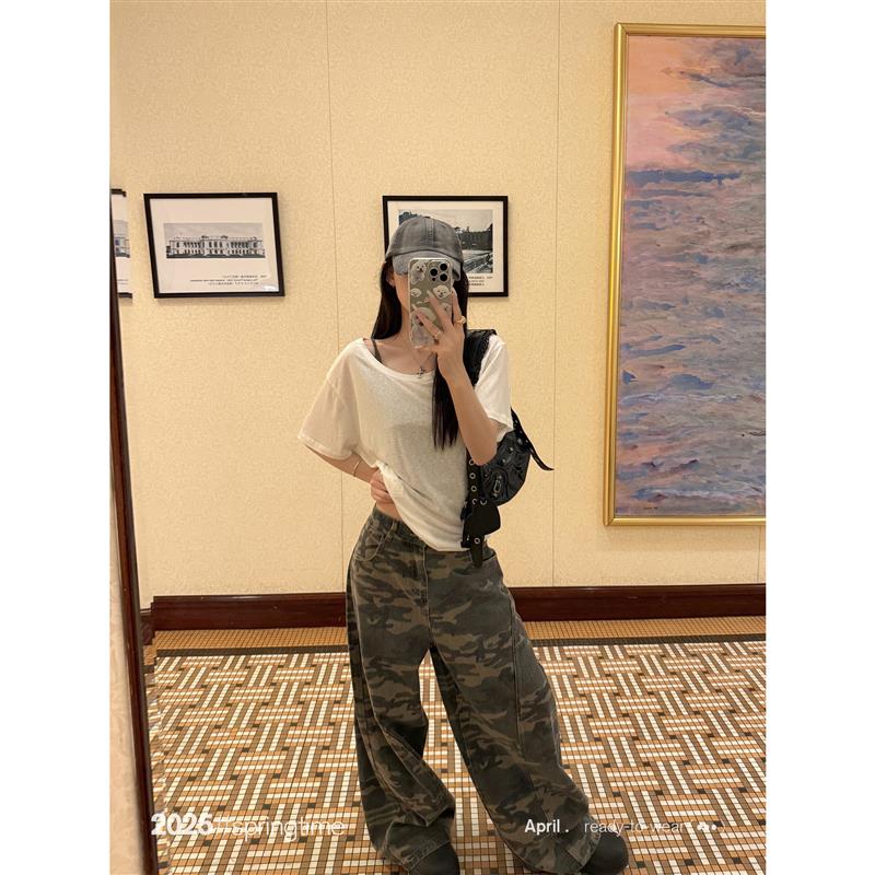 SUNONEONE 迷彩印花宽松牛仔裤女春新款美式阔腿设计感低腰休闲裤