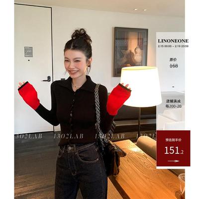 1302LAB【审美偏爱】撞色拼接修身打底针织衫女内搭春秋显瘦上衣