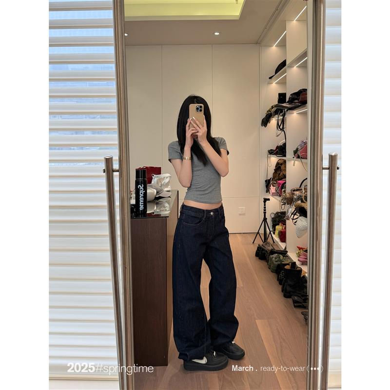 SUNONEONE 撞色丹宁原牛牛仔裤女春直筒深色宽松松弛感水洗休闲裤