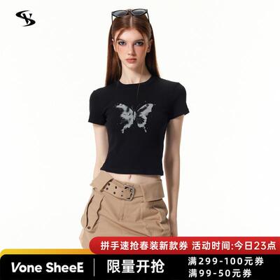 Vone SheeE 美式复古修身气质短款辣妹上衣晕染蝴蝶印花短袖t恤女