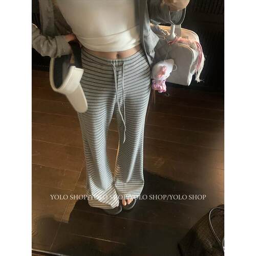YOLO SHOP 莱赛尔呼吸感条纹懒懒裤垂感休闲长裤女夏季百搭微喇叭