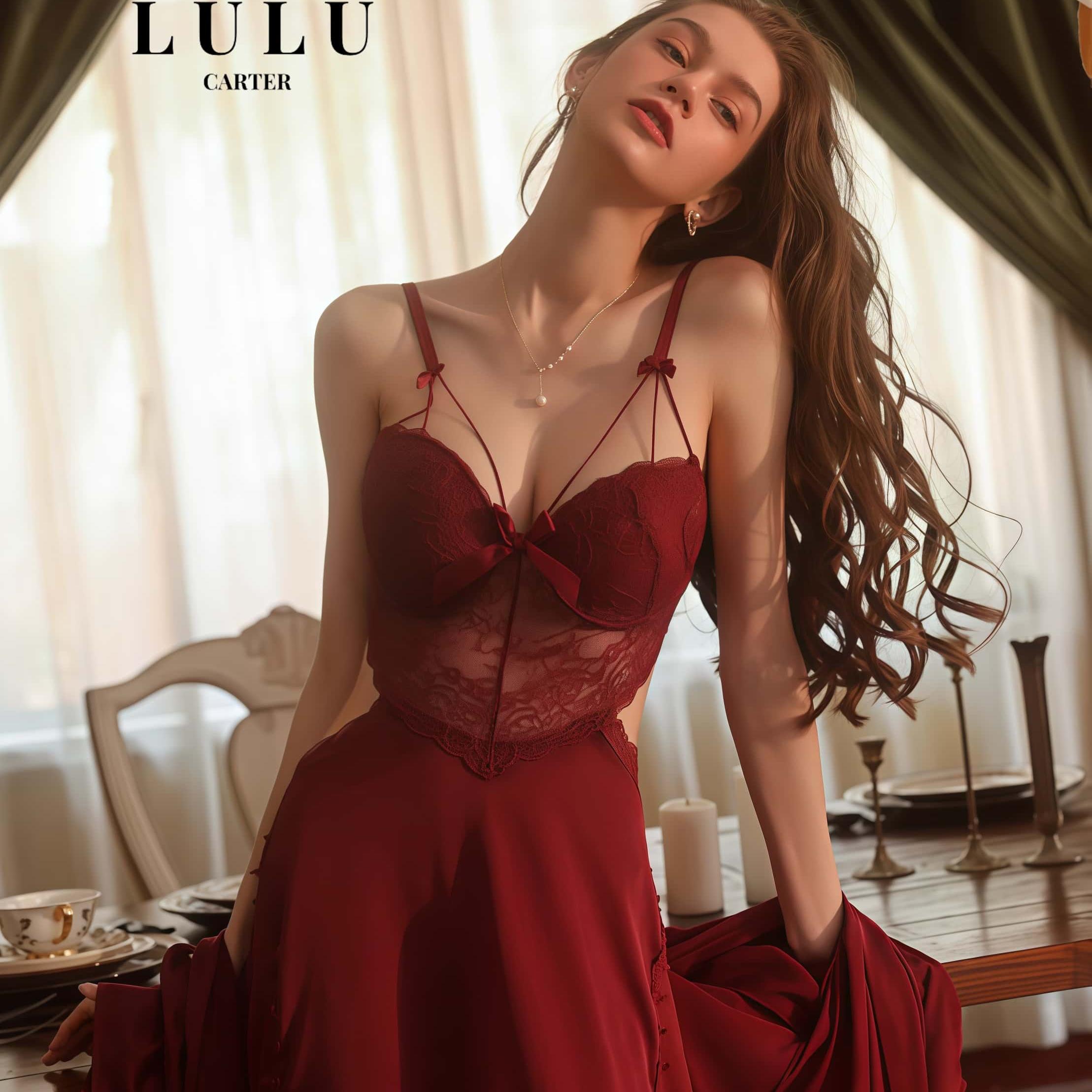 LULU法式睡衣女性感高级夏季真丝蕾丝露背吊带胸垫桑蚕丝家居睡裙