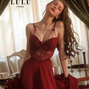 LULU法式 真丝蕾丝露背吊带胸垫桑蚕丝家居睡裙 睡衣女性感高级夏季