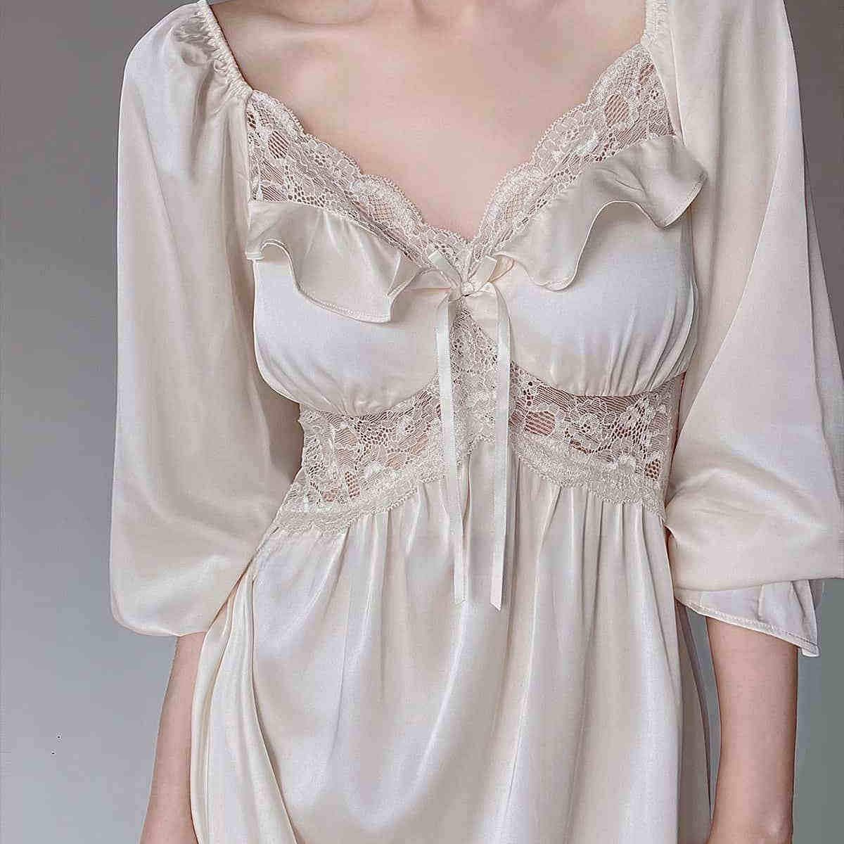 法式纯欲新款真丝睡衣家居服女蚕丝长袖长裙睡裙宫廷风送人礼盒装