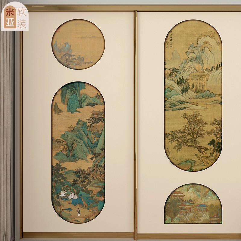 中式古画山水花卉国风家具装饰衣柜门柜子推拉门移门贴纸翻新自粘