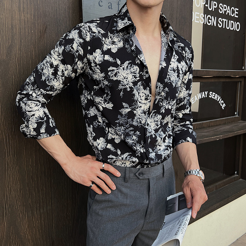 现货英伦雅痞男装高级感黑色碎花满印衬衫男长袖潮流修身商务休闲