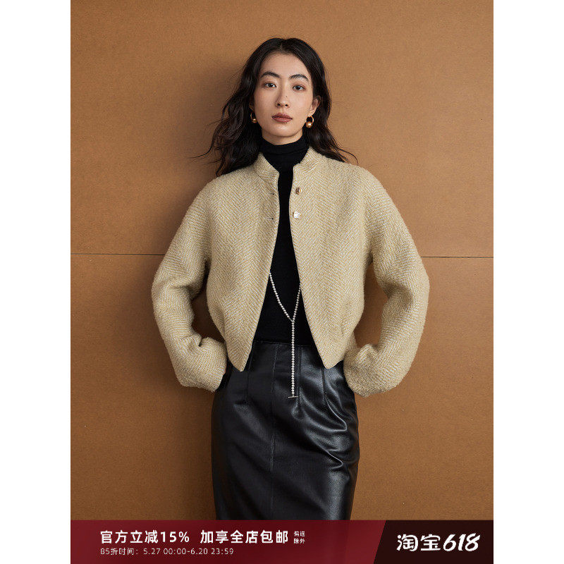 芝美日禾 绿篱莺黄人字纹设计感小连袖混色呢短款