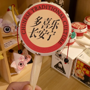 拨浪鼓儿童老式羊皮实木手柄手工波浪鼓宝宝手摇货郎鼓婴儿玩具