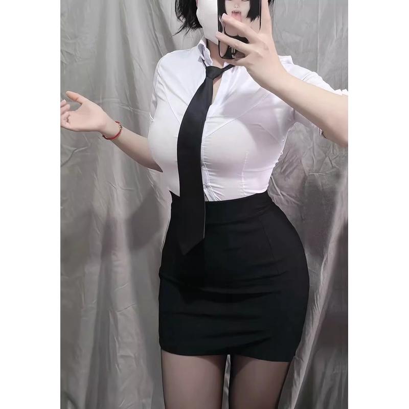高货速发纯欲收腰性感白色衬衫女夏季OL制服职业装员工工作服套装