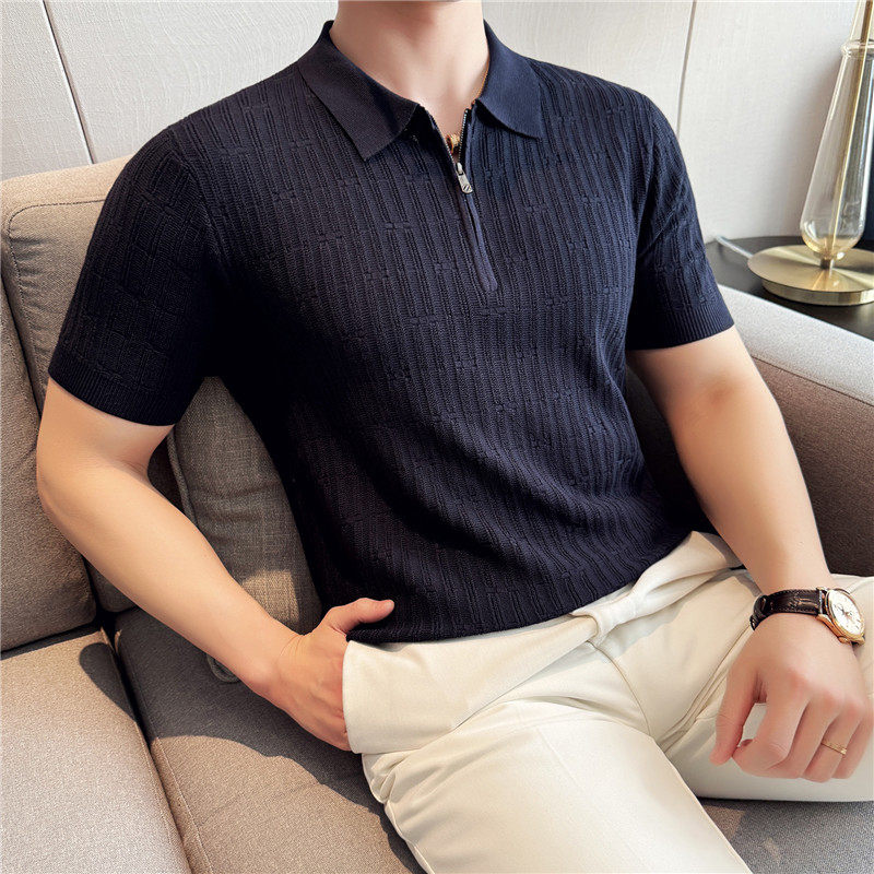 好货轻熟风高级感翻领短袖条纹POLO衫男士韩版修身半拉链针织T恤