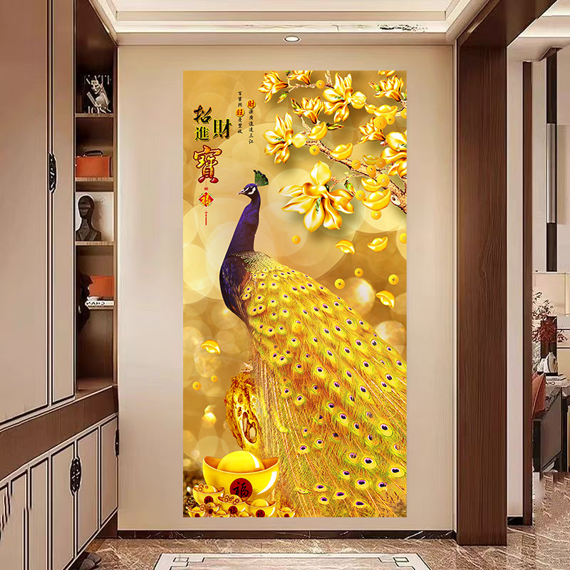 金色孔雀吉祥如意招财进宝新中式玄关装饰画花开富贵客厅自粘贴画图片