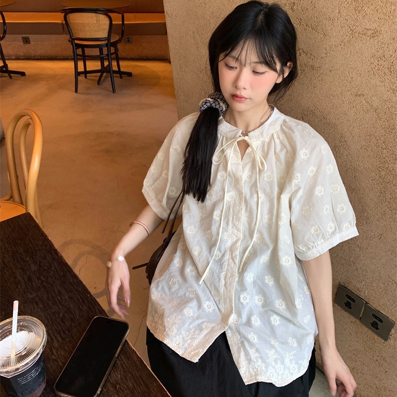 大码女装胖mm夏季法式复古绣花系带圆领短袖衬衫女宽松小个子上衣