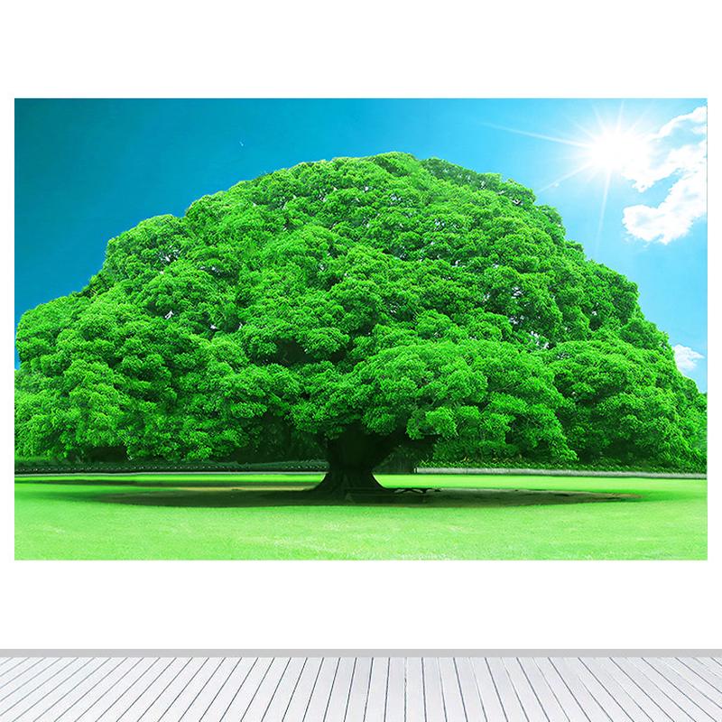 一棵大树装饰画绿色草地树木风景背靠大树背景画墙贴卧室风水自粘图片