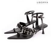 y2k尖头一字带细跟中跟凉鞋 日 女链条柳钉